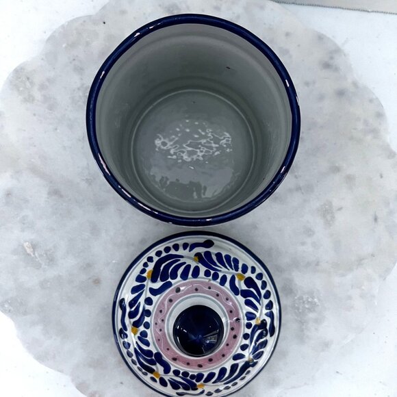 Ceramic 7" Jar Canister Lid Floral Geometric Pink/Blue/White Artisan Talavara - Picture 3 of 8